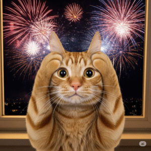 Cat covering his ears because of the fireworks
