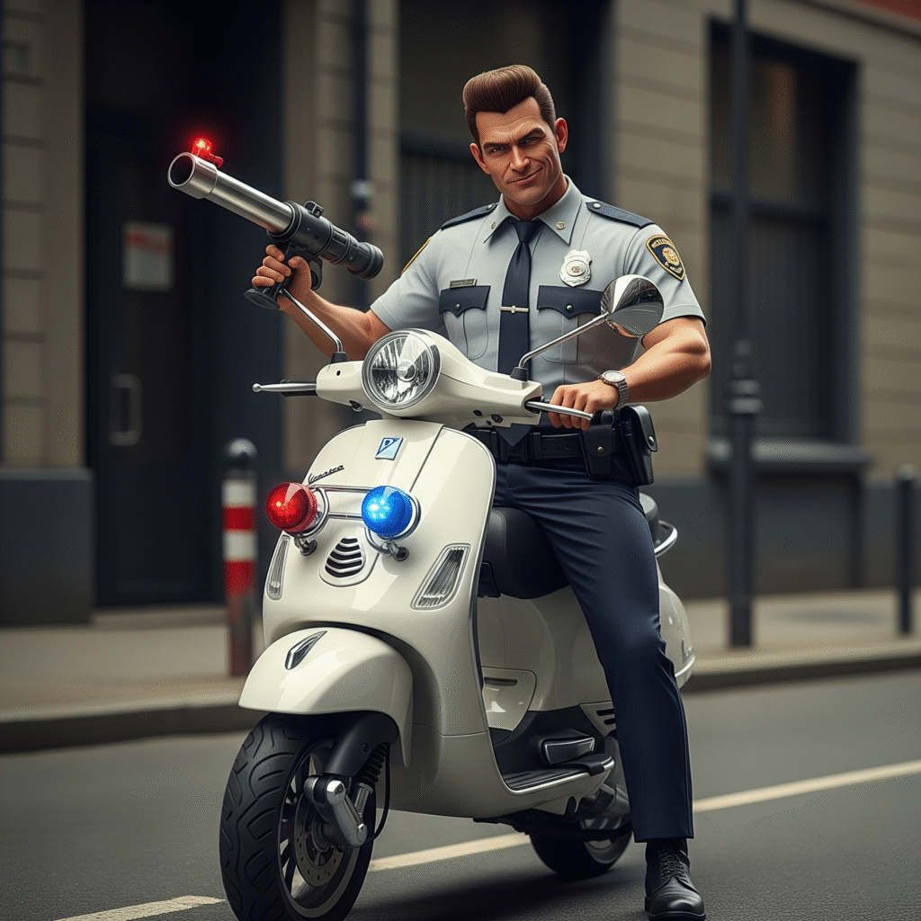 Douche bag cop with bean bag gun