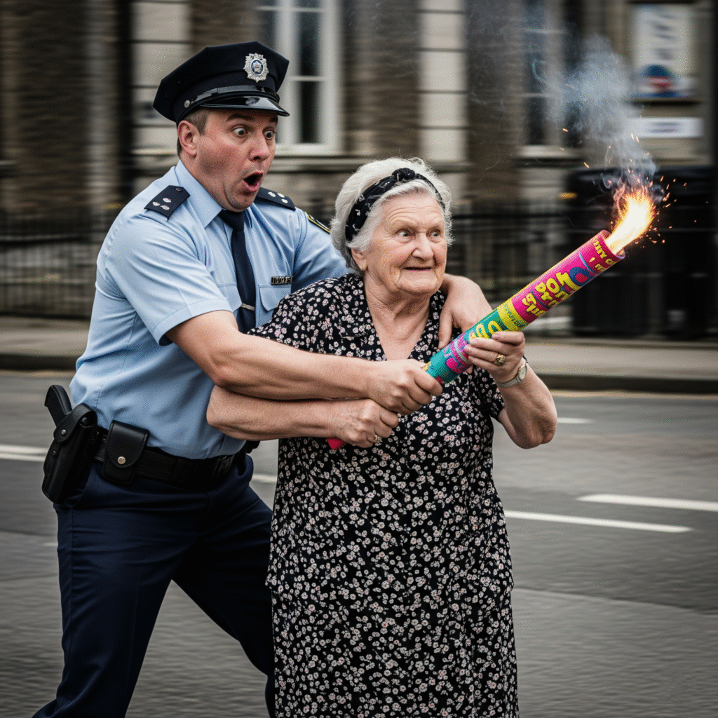 Grandma with firework tackled by policeman